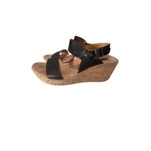 Kork-Ease Black Leather‎ Cork Wedge Sandals Size 6.5